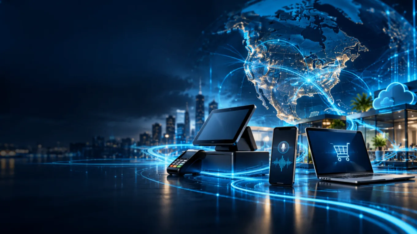 Connected commerce technology: POS terminal, card reader, smartphone, laptop, and North America network map.